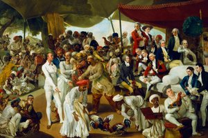 Oberst Mordaunt ser på en hanekamp i Lucknow, India, 1790 av Johan Joseph Zoffany