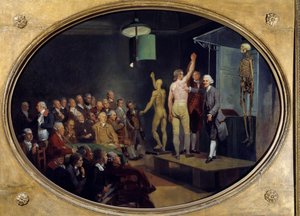 Foredrag av William Hunter (1718-1783), skotsk anatom ved Royal Academy. Maleri av Johann Zoffany (1733-1810) Ec. Ang.
