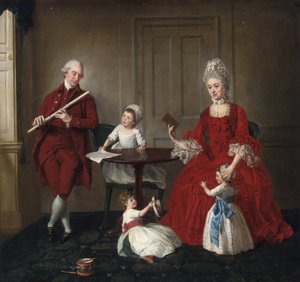 Rococo: Portrett av Mr. And Mrs. James Blew og deres tre barn i et elegant interiør av Johann Zoffany (Zauffelij) (1733-1810). 1660-1670, Olje på lerret, 75x80,3. Privat samling