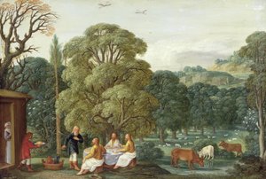 Abraham underholder de tre englene (olje på kobber)