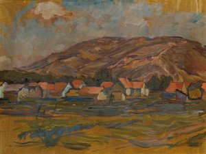 Landskap med hus og fjell