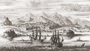 Hollandske skip foran Muscat, Oman på 1600-tallet (trykk) av Johannes (after) Kip