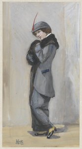Stående dame i lang frakk med pels av Johannes Abraham Mondt