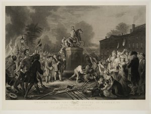 Trekk ned statuen av George III, av frihetens sønner, ved Bowling Green, City of New York, juli 1770, gravert av John C. McRae, etter 1853