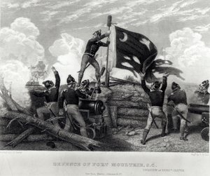 Heroismen til sersjant William Jasper i forsvaret av Fort Moultrie, South Carolina, 12. mai 1780, gravert av G.R. Hall