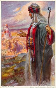 Jakob ser Rachel ved brønnen (farge litho)