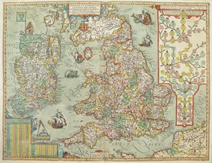 Kart over England og Irland tegnet i 1606 (farget gravering) av Johannes Baptista Vrints
