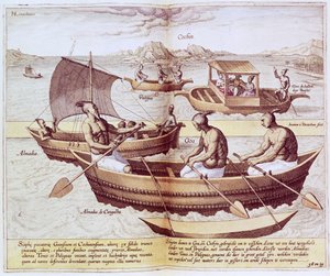 Båter i Goa, illustrasjon fra 'Jan Hughen van Linschoten, His Discourse of Voyages into the East and West Indies', 1579-92