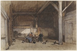 Bondeinteriør med to menn og en kvinne ved et bord, dessuten noen høner og katter av Johannes Bosboom