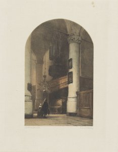 Kirkeinteriør med to figurer og orgel av Johannes Bosboom