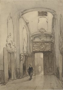 Rokokkoportal i rådhuset i Haag med en mann i drakt fra det syttende århundre av Johannes Bosboom