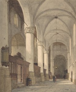 Hvelvet sidegang til en kirke, med figurer, 1800-tallet.