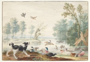 En hund og ender ved sjøen av Johannes Bronckhorst
