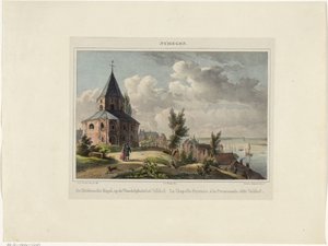 Saint Nicholas kapell i Nijmegen Hedensche Kapel, på vandreplassen Valkhof. La Chapelle Payenne, à la Promenade, dit Valkhof (tittel på objekt) Nymegen. (serietittel på objekt)