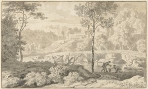 Arkadisk landskap med figurer ved en innsjø av Johannes Glauber