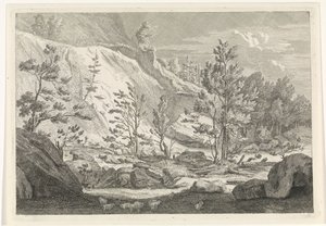 Ravine med en flokk sauer Landskap i Chartreuzer-fjellene (serietittel) av Johannes Glauber