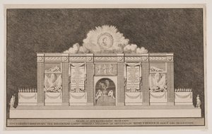 "Fasade av Illuminations-dekorasjonen som Banqven i Kiøbenhavn ved Børsen har reist i anledning Hans Høyhet Kong Friderich den V Liig-prosesjon" av Johannes Gottfred Bradt