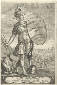 Romeinse krijgsman voor een slagveld Tittelside for Caius Velleius Paterculus cum Selectis Variorum Notis, 1659 av Johannes Hackius