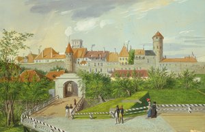 Utsikt over den lille kystporten med Hattorpe- og Stoltingtårnene, Tallinn, gouache på papp) av Johannes Hau