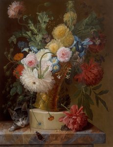 Stilleben Av Blomster På En Avsats Med En Katt av Johannes Hendrick Fredriks