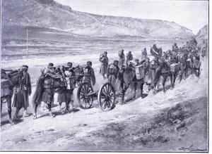 Et batteri med feltkanoner på vei til Ichon, illustrasjon fra Cassells History of the Russo-Japanese War Vol 1, ca. 1900
