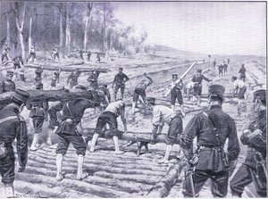 Japanske ingeniører bygger en tømmervei for tropper, illustrasjon fra Cassells History of the Russo-Japanese War Vol 1, ca. 1900 av Johannes Hermann Barend Koekkoek
