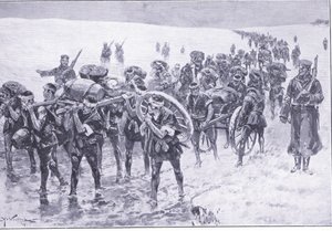 Japansk på marsj. Menn i stedet for flokkponnier, illustrasjon fra Cassells History of the Russo-Japanese War Vol 1, ca. 1900