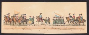 Historisk prosesjon av studenter ved Groningen University of Applied Sciences, 1850 (plate 2) Utkledd representasjon av inngangen til Maurits, Prins av Orange, greve av Nassau, etc. og Willem Lodewijk, greve av Nassau, i Groningen i år 1594, av H.H av Johannes Hermanus van de Weijer