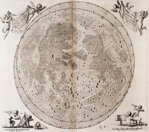 Første detaljerte kart over månen tegnet i 1647 av Johann Hevelius, trykk hentet fra Johann Hevelius (1611-1687) himmelatlas Selenographia sive Lunae descriptio, Gdansk