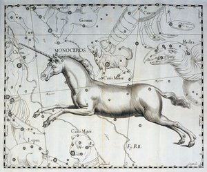 Monoceros, konstellasjon av enhjørning, gravering fra himmelatlaset Firmamentum Sobiescianum sive Uronographia, av Johann Hevelius (1611-1687), Gdansk