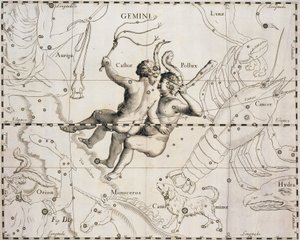 Konstellasjonen Tvillingene, illustrasjon fra Firmamentum Sobiescianum sive Uranographia, av Johann Hevelius (1611-1687), Gdansk 1690