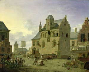 Bytorg med figurer og bønder som handler på en markedsplass (panel)