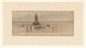 Strandscene med fiskere og seilskute av Johannes Huygens (signed by artist)
