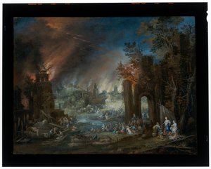 Landskap med Lot og hans døtre og Det brennende Sodoma i bakgrunnen av Johannes Jakob Hartmann