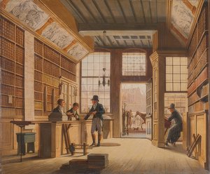 Der Laden des Buchhändlers Pieter Meijer Warnars am Vijgendam i Amsterdam. 1820