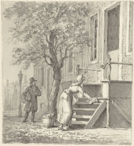 En hushjelp som vasker en trapp foran et hus