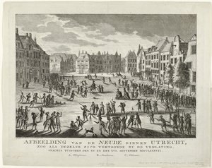 Patrioter forlater Neude i Utrecht, 1787 Skildring av Neude i Utrecht, slik den så ut da den ble forlatt om natten mellom XV. og XVI. september MDCCLXXXVII (tittel på objekt)
