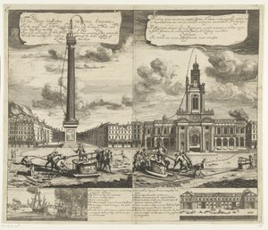 Bruk av slangbrandspuiten i London, ca. 1690-1700 Den nye Sukeing Worme Engine For rask og enkel slukking av branner og drenering av dammer og annet stående vann (...) (tittel på objekt) Machina nova exuctoria vermi: formis Flammis restinguendi av Johannes Kip
