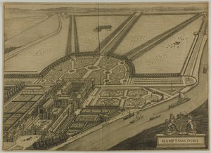 Hampton Court, plate seks fra Britannia Illustrata av Johannes Kip