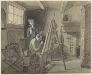 Selvportrett av Johannes Marius van Kate, stående i studioet sitt med en besøkende av Johannes Marius ten Kate