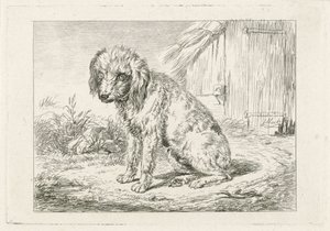 Sittende hund ved en låve av Johannes Mock