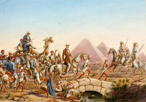 Prins Albert av Preussen med sitt følge på turné i pyramidene i Giza (akvarell på papir) av Johannes Rabe