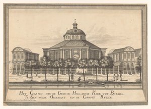 Utsikt over den nye nederlandske kirken i Batavia Utsikten fra Groote Hollandse Kerk til Batavia Te Sien fra den andre siden av Groote Revier (tittel på objekt) av Johannes Rach