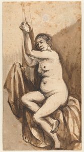 Sittende naken kvinne med løftede armer av Johannes Raven (attributed to)