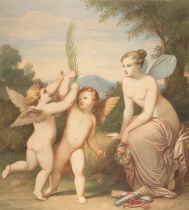 Eros og Anteros med psyke som ser på dem, 1810-60. av Johannes Riepenhausen