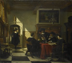 Selskap i 1600-tallsdrakt ved et bord hvorpå en Nautilus-kopp av Johannes Stroebel