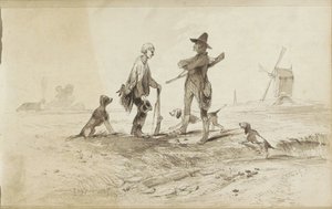 Jegere med hunder i et landskap med en vindmølle av Johannes Tavenraat