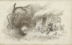 Mann som sitter foran et hus med stråtak ved en grøft av Johannes Tavenraat