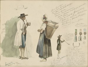 Røykende mann, kvinne med kurv, rosetter og en jakthornblåser av Johannes Tavenraat