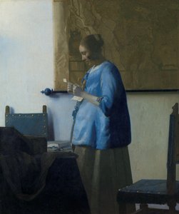 Woman in Blue Reading a Letter Woman Reading a Letter   1394554   no       norwegian Successfully Translated  Original: Add 24098 f.18v January: Chopping logs, and sledging, from a Book of Hours, or the Golf Book, c.1520-30 (vellum) Translat: Add 24098 f.1